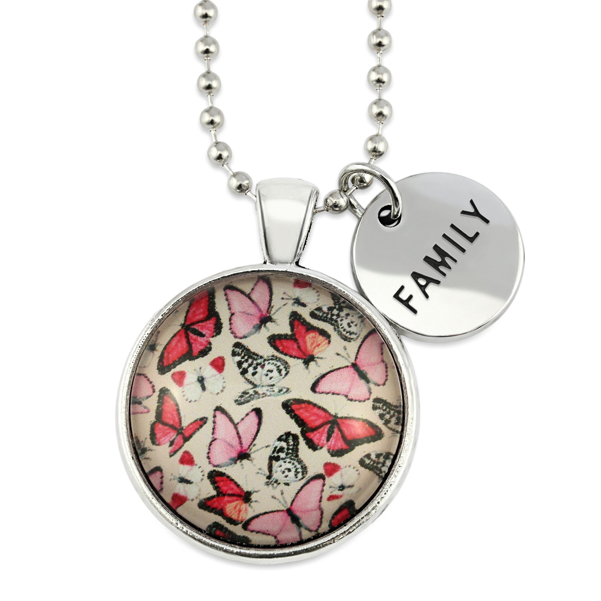 Pink floral print silver circle pendant necklace with ball chain with rose gold circle shape 'family' charm. Fundraising product for the National Breast Cancer Foundation. 