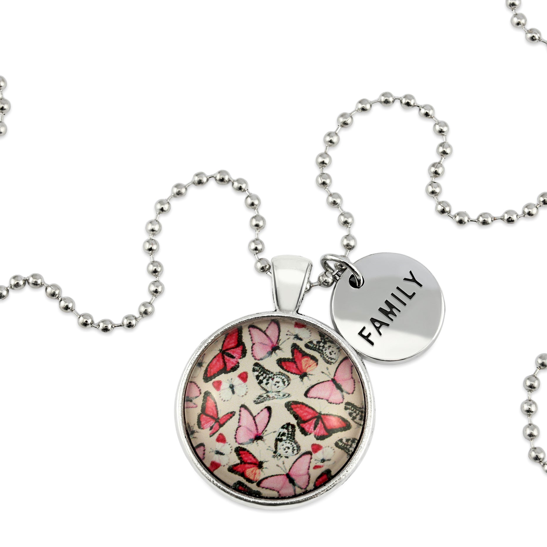 Pink floral print silver circle pendant necklace with ball chain with rose gold circle shape 'family' charm. Fundraising product for the National Breast Cancer Foundation. 