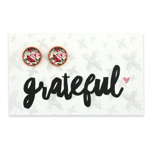 Pink butterfly print rose gold circle shape earrings