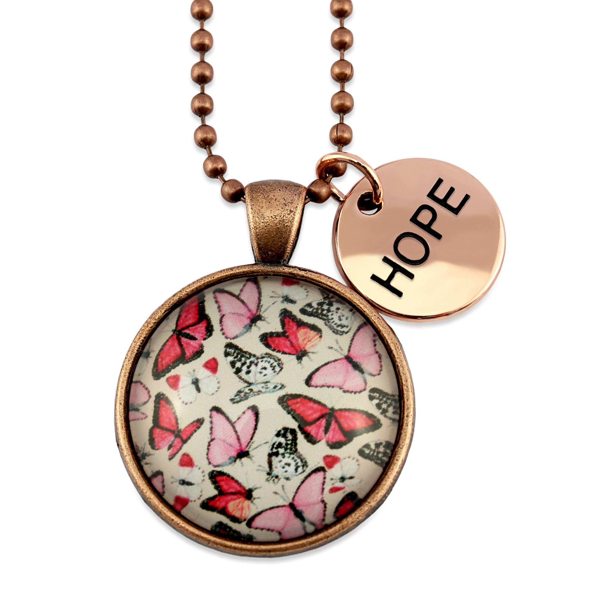 Pink floral print circle vintage red copper pendant necklace with ball chain with rose gold circle shape 'hope' charm. Fundraising product for the National Breast Cancer Foundation. 