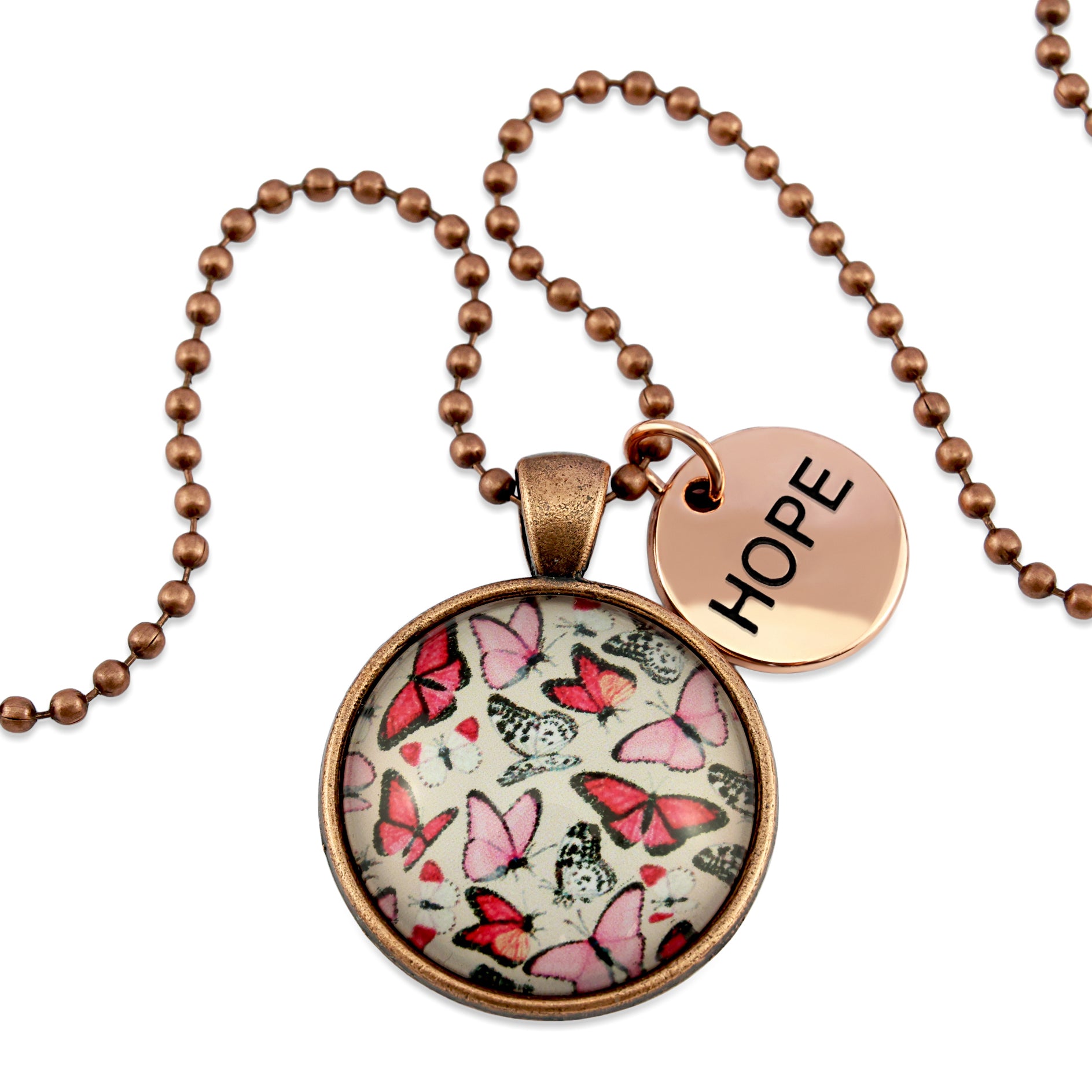 Pink floral print circle vintage red copper pendant necklace with ball chain with rose gold circle shape 'hope' charm. Fundraising product for the National Breast Cancer Foundation. 