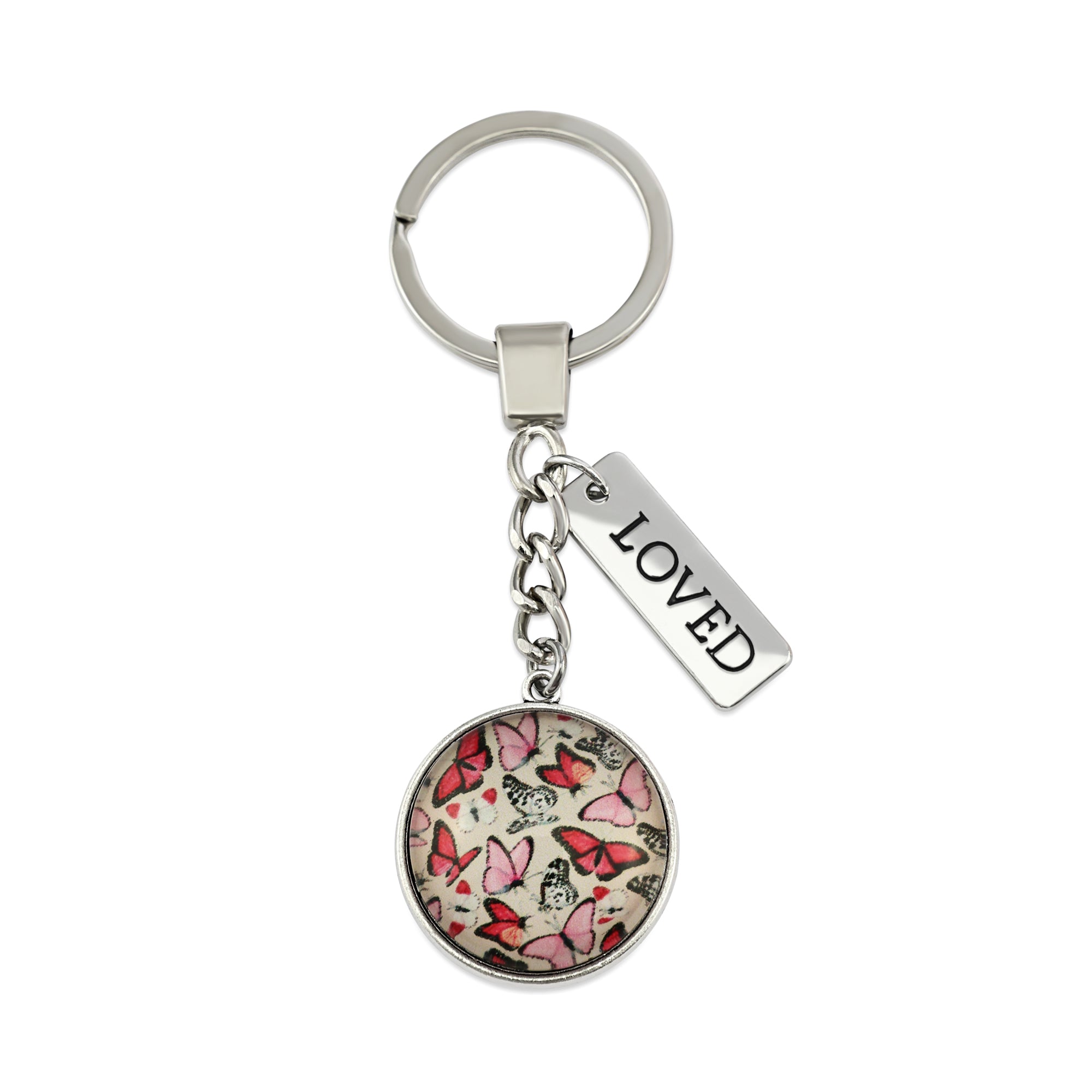 Pink floral print vintage silver circle pendant keychain with 'loved' charm. Fundraising product for the National Breast Cancer Foundation. 