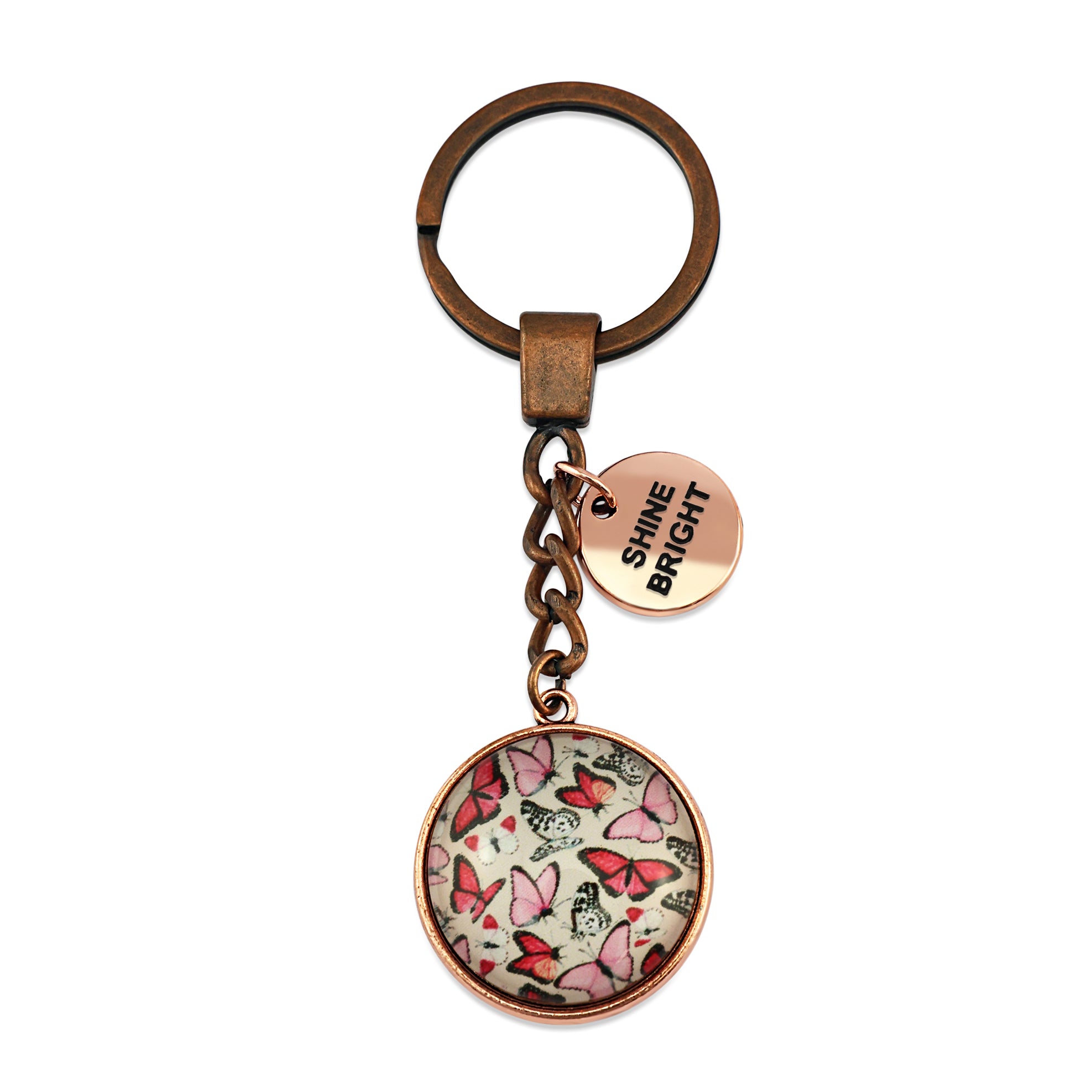  Pink floral print vintage copper circle pendant keychain with rose gold circle shape 'shine bright' charm. Fundraising product for the National Breast Cancer Foundation. 