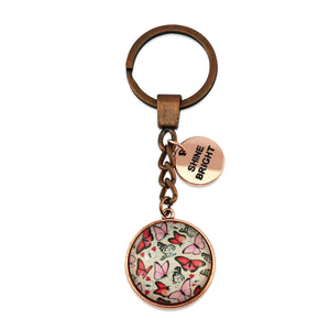  Pink floral print vintage copper circle pendant keychain with rose gold circle shape 'shine bright' charm. Fundraising product for the National Breast Cancer Foundation. 