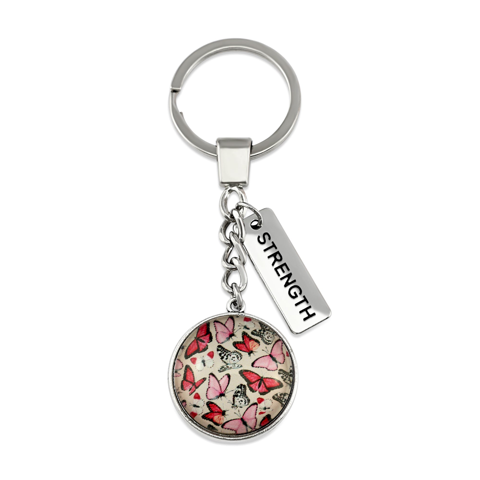 Pink butterfly print vintage silver keychain with strength charm. A product that fundraises for the National Breast Cancer Foundation. 