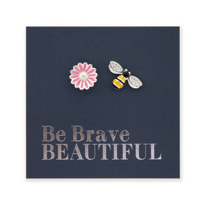 PINK COLLECTION - Bee and Pink Flower - Sterling Silver Studs - Be Brave Beautiful (8405-R)