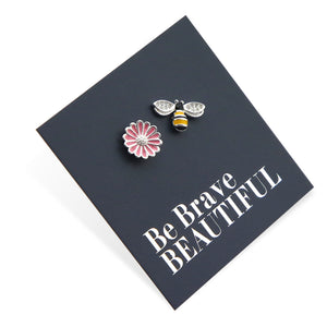 PINK COLLECTION - Bee and Pink Flower - Sterling Silver Studs - Be Brave Beautiful (8405-R)