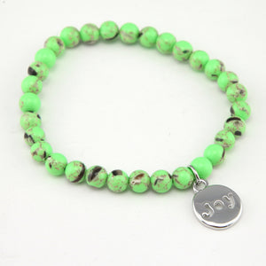 Christmas Bracelet  - Lime Green Pop Synthesis 6mm Bead Bracelet with Silver Word Charm