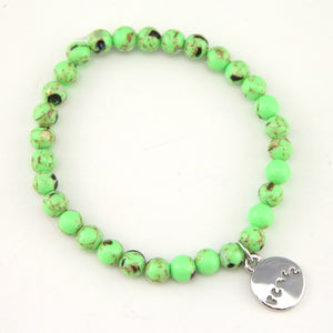 Christmas Bracelet  - Lime Green Pop Synthesis 6mm Bead Bracelet with Silver Word Charm