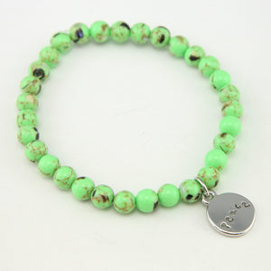 Christmas Bracelet  - Lime Green Pop Synthesis 6mm Bead Bracelet with Silver Word Charm