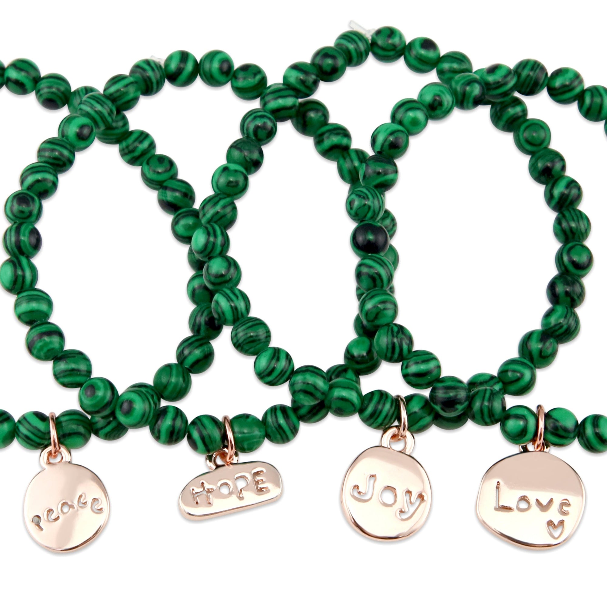 Christmas Bracelet  - Green Stripe Synthesis 6mm Bead Bracelet with Rose Gold Word Charm