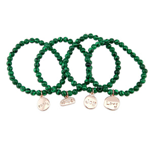 Christmas Bracelet  - Green Stripe Synthesis 6mm Bead Bracelet with Rose Gold Word Charm