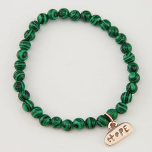 Christmas Bracelet  - Green Stripe Synthesis 6mm Bead Bracelet with Rose Gold Word Charm