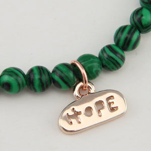 Christmas Bracelet  - Green Stripe Synthesis 6mm Bead Bracelet with Rose Gold Word Charm