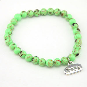 Christmas Bracelet  - Lime Green Pop Synthesis 6mm Bead Bracelet with Silver Word Charm