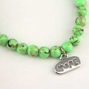 Christmas Bracelet  - Lime Green Pop Synthesis 6mm Bead Bracelet with Silver Word Charm