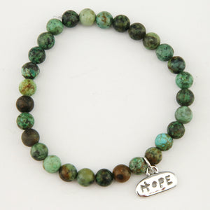 Christmas Bracelet  - Moss Green Agate 6mm Bead Bracelet with Silver Word Charm