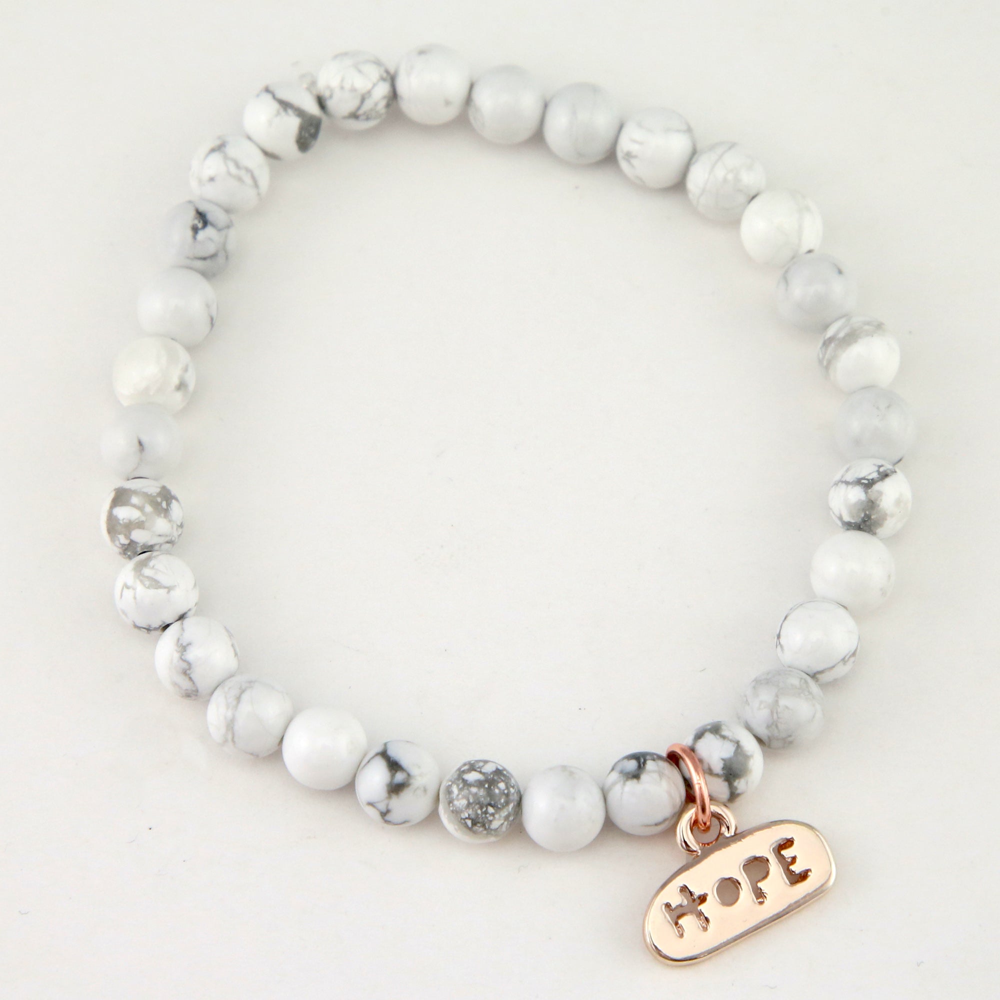 Christmas Bracelet  - White Marble Howlite 6mm Bead Bracelet with Rose Gold Word Charm