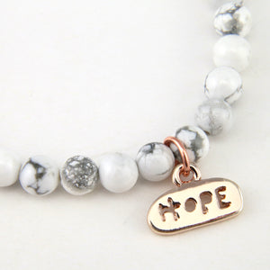 Christmas Bracelet  - White Marble Howlite 6mm Bead Bracelet with Rose Gold Word Charm