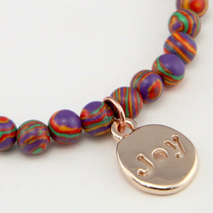 Christmas Bracelet  - Colour Stripes Synthesis 6mm Bead Bracelet with Rose Gold Word Charm