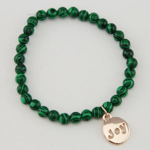 Christmas Bracelet  - Green Stripe Synthesis 6mm Bead Bracelet with Rose Gold Word Charm