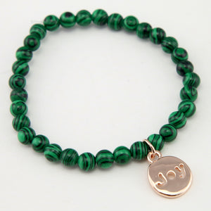 Christmas Bracelet  - Green Stripe Synthesis 6mm Bead Bracelet with Rose Gold Word Charm