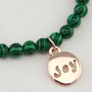 Christmas Bracelet  - Green Stripe Synthesis 6mm Bead Bracelet with Rose Gold Word Charm