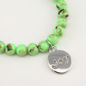 Christmas Bracelet  - Lime Green Pop Synthesis 6mm Bead Bracelet with Silver Word Charm