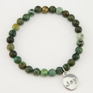 Christmas Bracelet  - Moss Green Agate 6mm Bead Bracelet with Silver Word Charm