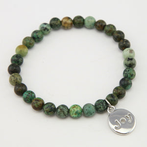 Christmas Bracelet  - Moss Green Agate 6mm Bead Bracelet with Silver Word Charm