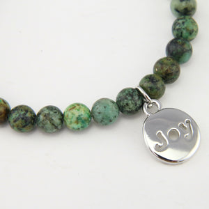 Christmas Bracelet  - Moss Green Agate 6mm Bead Bracelet with Silver Word Charm