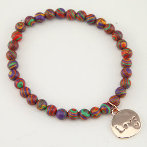 Christmas Bracelet  - Colour Stripes Synthesis 6mm Bead Bracelet with Rose Gold Word Charm