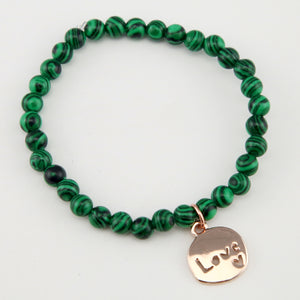 Christmas Bracelet  - Green Stripe Synthesis 6mm Bead Bracelet with Rose Gold Word Charm