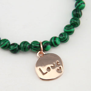 Christmas Bracelet  - Green Stripe Synthesis 6mm Bead Bracelet with Rose Gold Word Charm