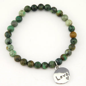 Christmas Bracelet  - Moss Green Agate 6mm Bead Bracelet with Silver Word Charm