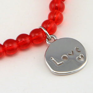 Christmas Bracelet  - Red Nose Agate 6mm Bead Bracelet with Silver Word Charm