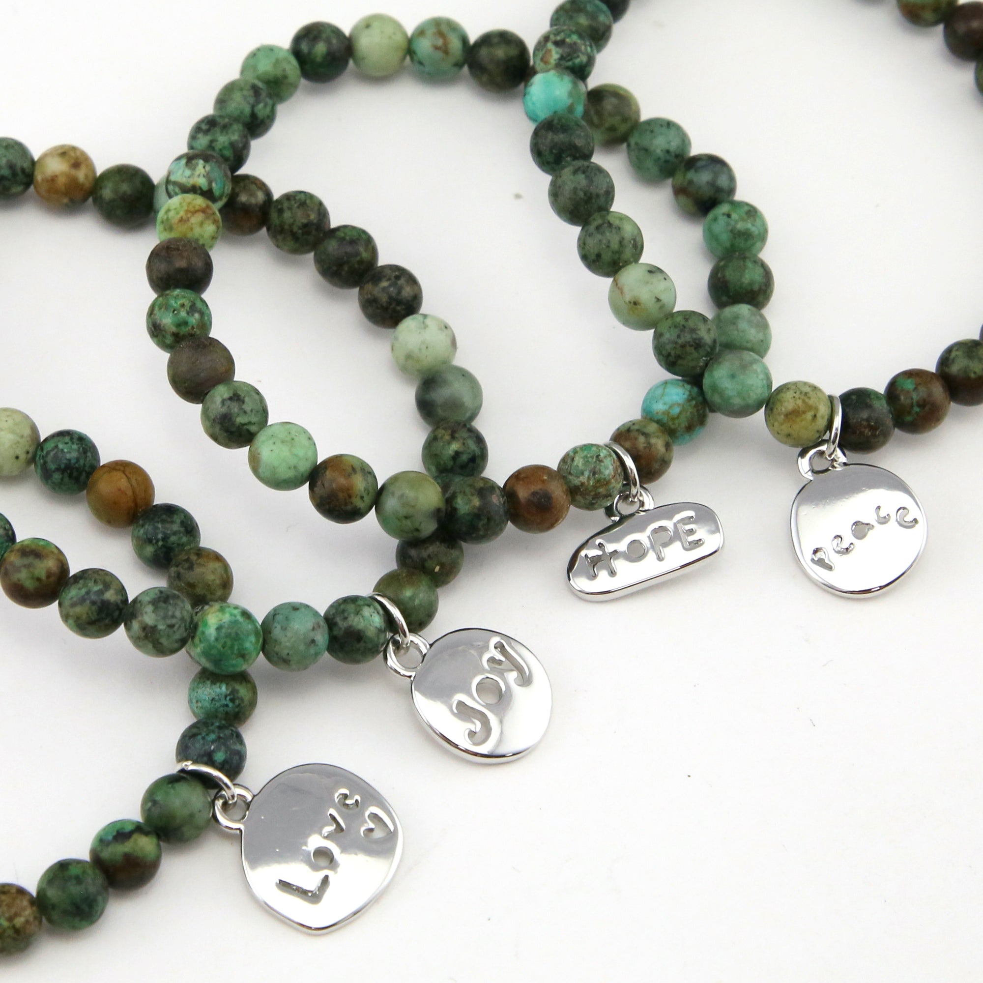 Christmas Bracelet  - Moss Green Agate 6mm Bead Bracelet with Silver Word Charm