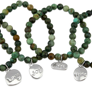 Christmas Bracelet  - Moss Green Agate 6mm Bead Bracelet with Silver Word Charm