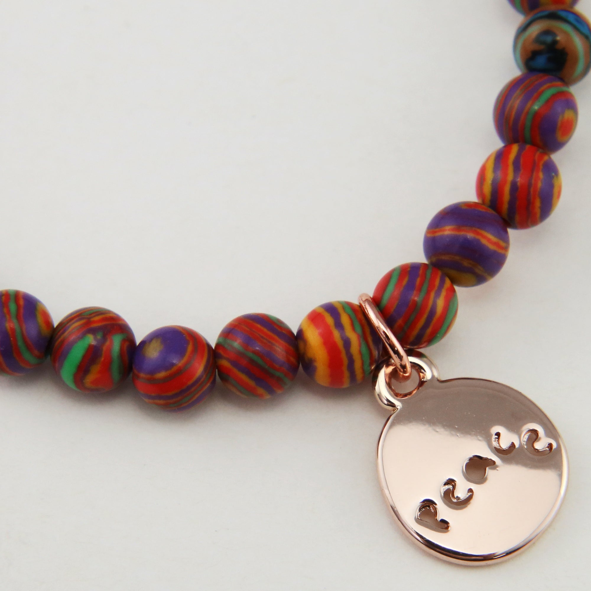 Christmas Bracelet  - Colour Stripes Synthesis 6mm Bead Bracelet with Rose Gold Word Charm