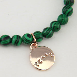 Christmas Bracelet  - Green Stripe Synthesis 6mm Bead Bracelet with Rose Gold Word Charm