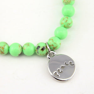 Christmas Bracelet  - Lime Green Pop Synthesis 6mm Bead Bracelet with Silver Word Charm