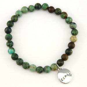 Christmas Bracelet  - Moss Green Agate 6mm Bead Bracelet with Silver Word Charm