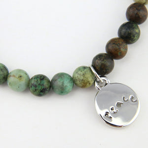 Christmas Bracelet  - Moss Green Agate 6mm Bead Bracelet with Silver Word Charm