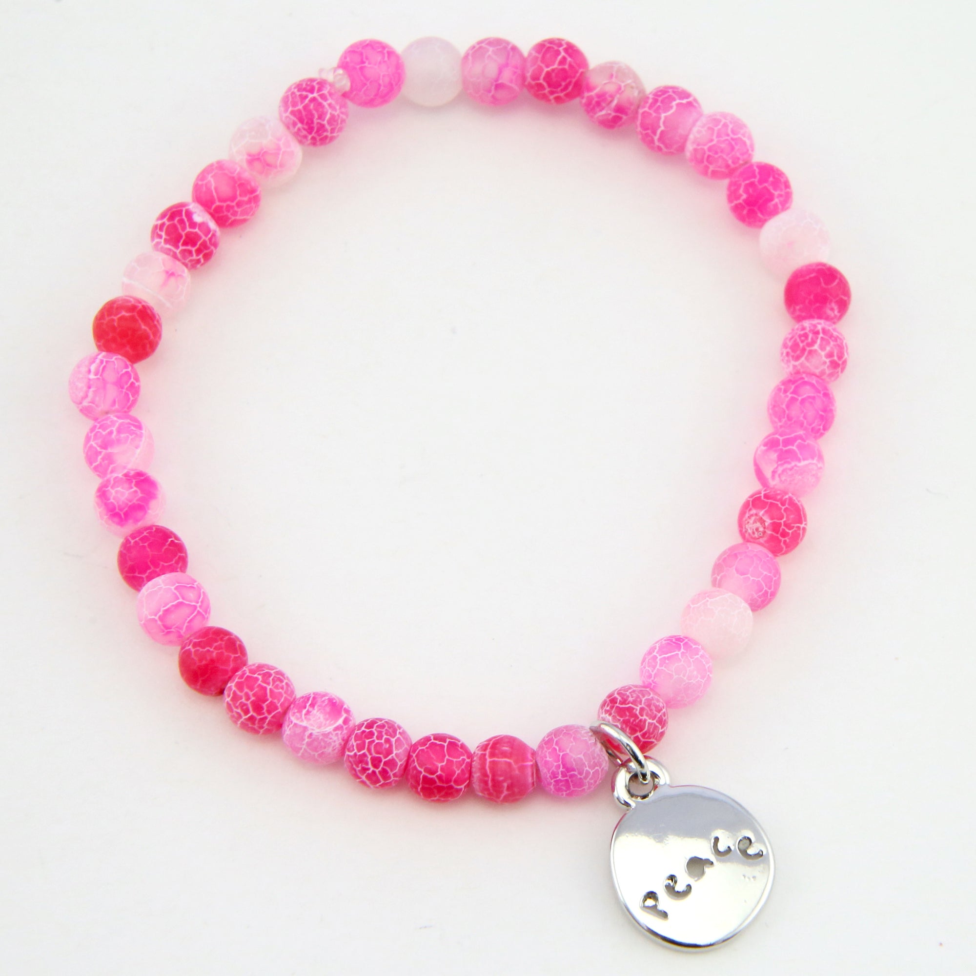 Christmas Bracelet  - Pink Crackle 6mm Bead Bracelet with Silver Word Charm