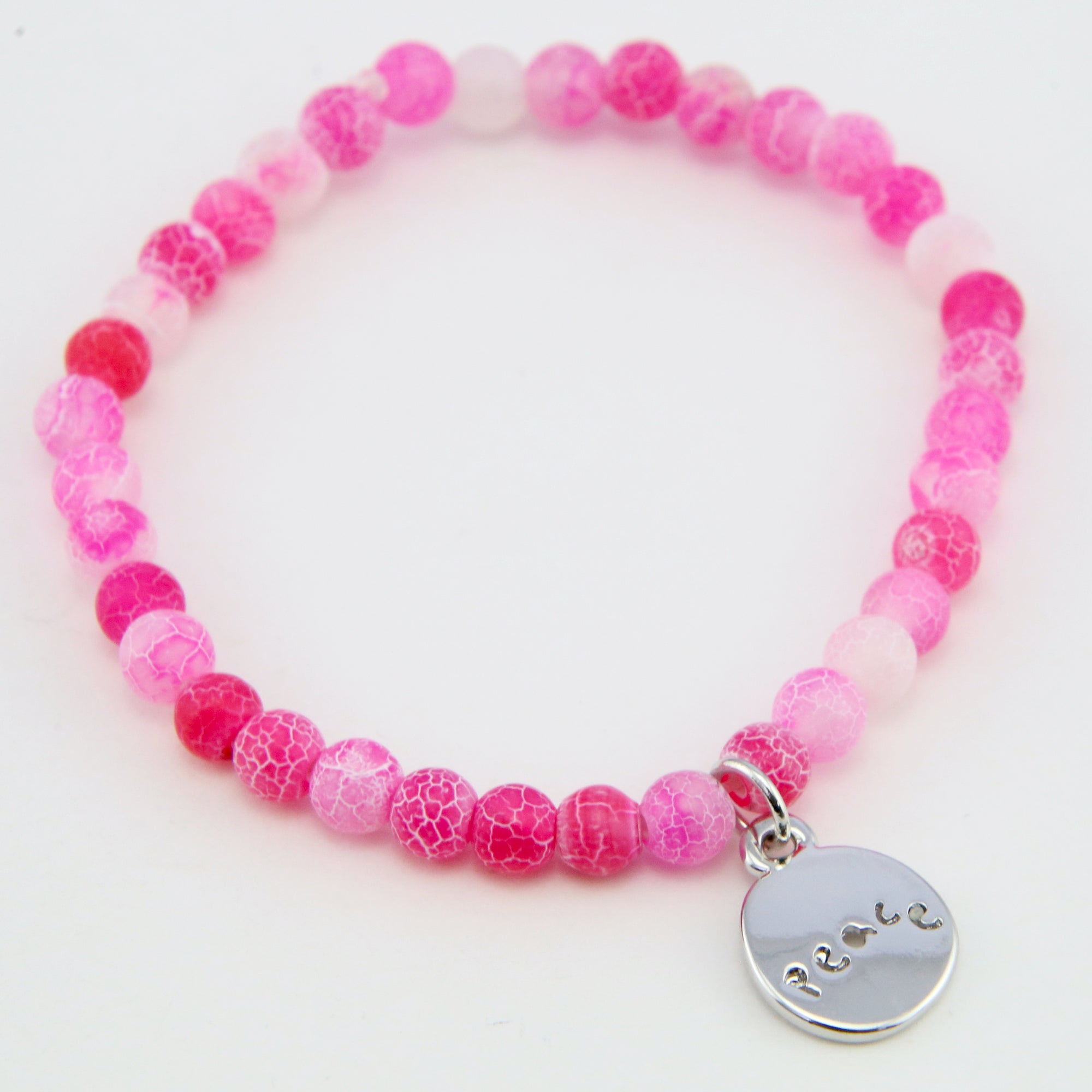 Christmas Bracelet  - Pink Crackle 6mm Bead Bracelet with Silver Word Charm