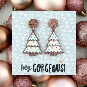 Acrylic & Resin Dangles - 'Hey Gorgeous' - Rose Gold Glitter Christmas Tree (9609)