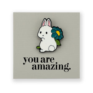 Lovely Pins! You Are Amazing - Cute Bunny + Blue Flower Enamel Badge Pin - (11612)