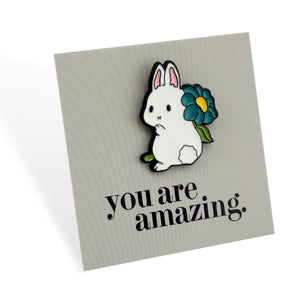 Lovely Pins! You Are Amazing - Cute Bunny + Blue Flower Enamel Badge Pin - (11612)