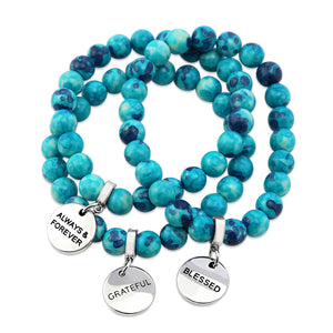 Stone Bracelet - Cyan & Navy Patch Agate Stone 8mm Beads - with Silver Word Charms