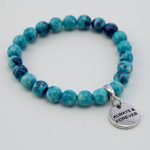 Stone Bracelet - Cyan & Navy Patch Agate Stone 8mm Beads - with Silver Word Charms